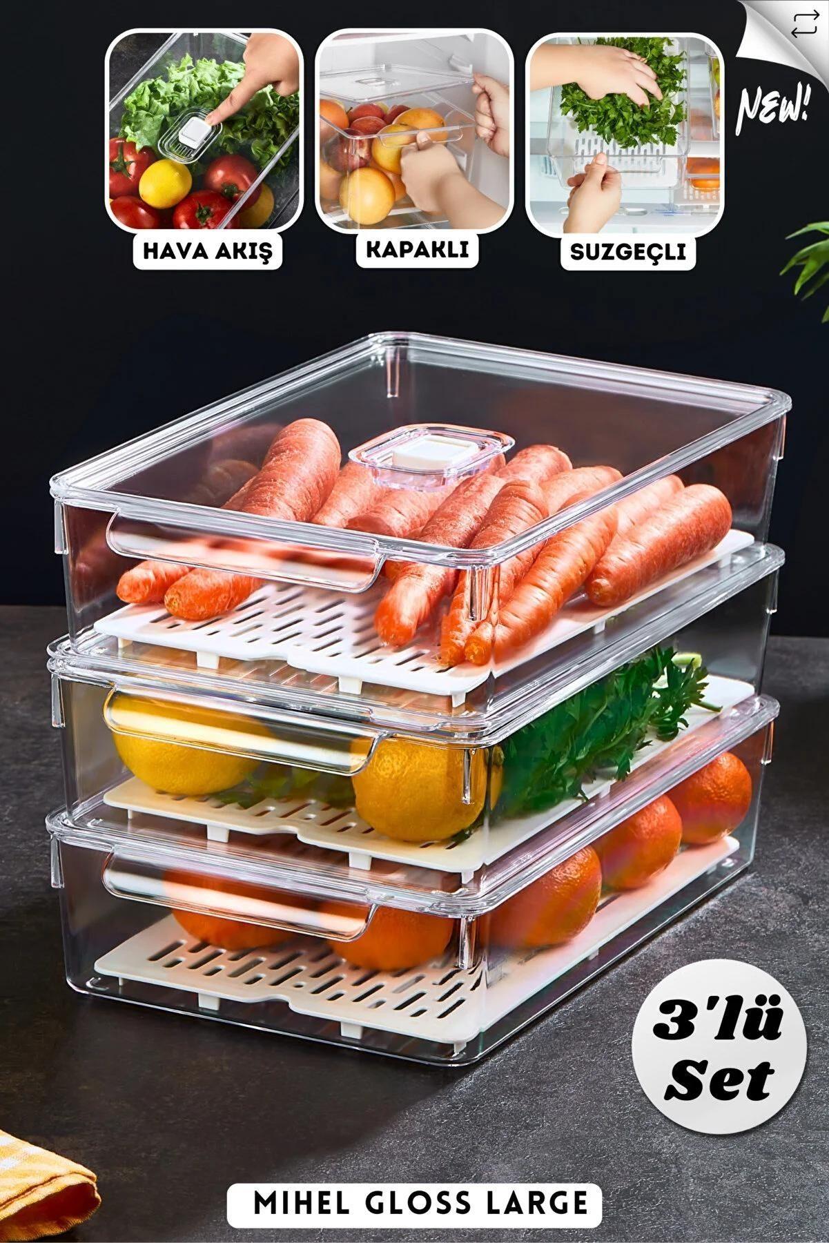 Gloss Large 3'lü SÜZGEÇLİ Kapaklı Buzdolabı Düzenleyici,dolap Içi Düzenleyici,organizer,saklama KabıMİHEL