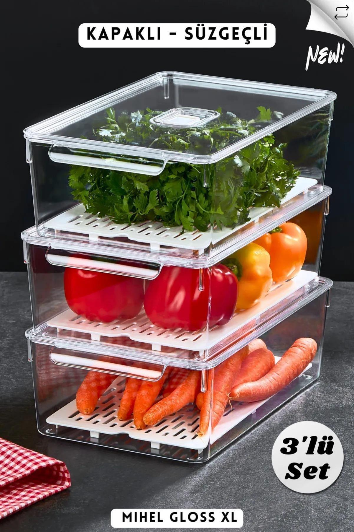 Gloss Xl 3'lü SÜZGEÇLİ Kapaklı Buzdolabı Düzenleyici,dolap Içi Düzenleyici,organizer,saklama KabıMİHEL