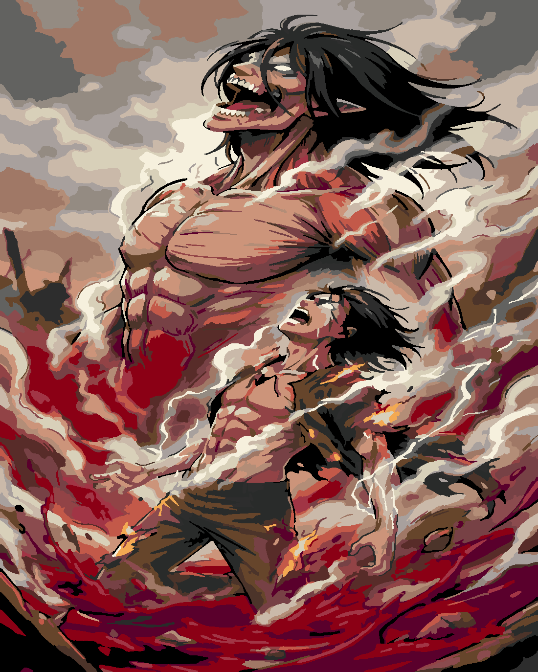 Attack of TiAttackAttack of Titan Eren ve Saldırı Titanı 2 Boyama Seti 40x50 cm (Tuvale Gerili)