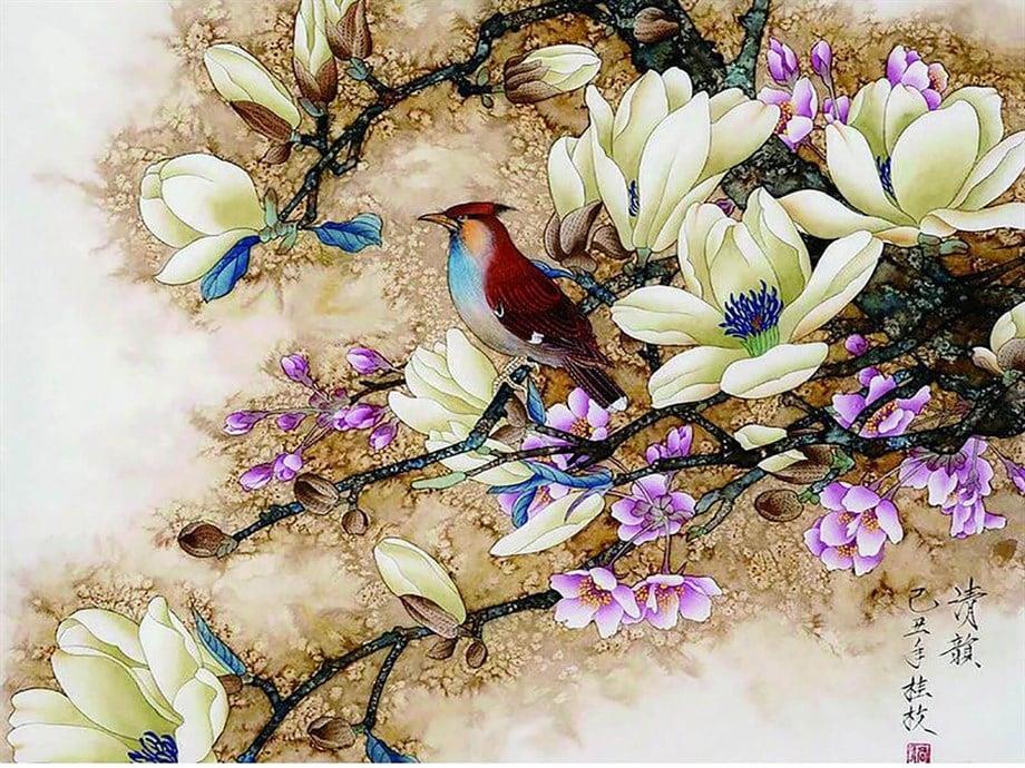 Beyaz Çiçekler ve Kuş Sayılarla Boyama Seti 40x50 cm (Tuvale Gerili)