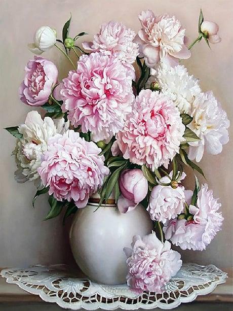 Beyaz Vazo Ve Çiçekler 2 Sayılarla Boyama Seti 40x50 cm (Tuvale Gerili)