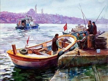 Boğazdaki Sandal Sayılarla Boyama Seti  (Tuvale Gerili)