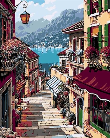 Denize Çıkan Sokaklar 2 Sayılarla Boyama Seti  (Tuvale Gerili)