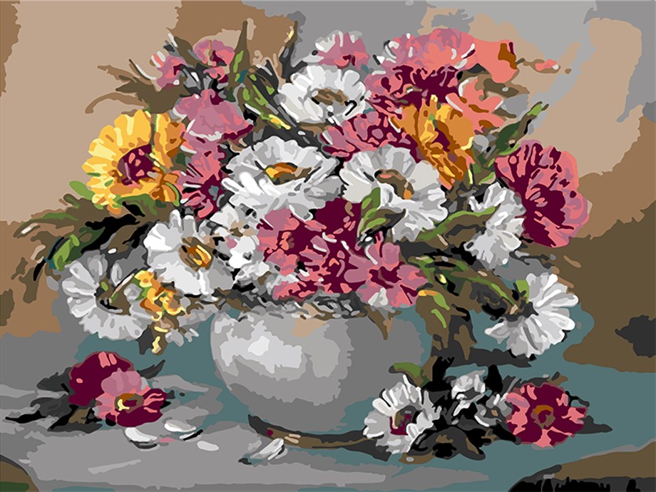 Gri Vazo ve Çiçekler Sayılarla Boyama Seti(50x65 cm Tuval Şasesine Gerili)