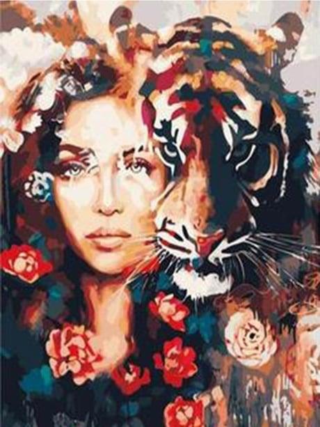 Kadın ve Kaplan Sayılarla Boyama Seti 40x50 cm (Tuvale Gerili)