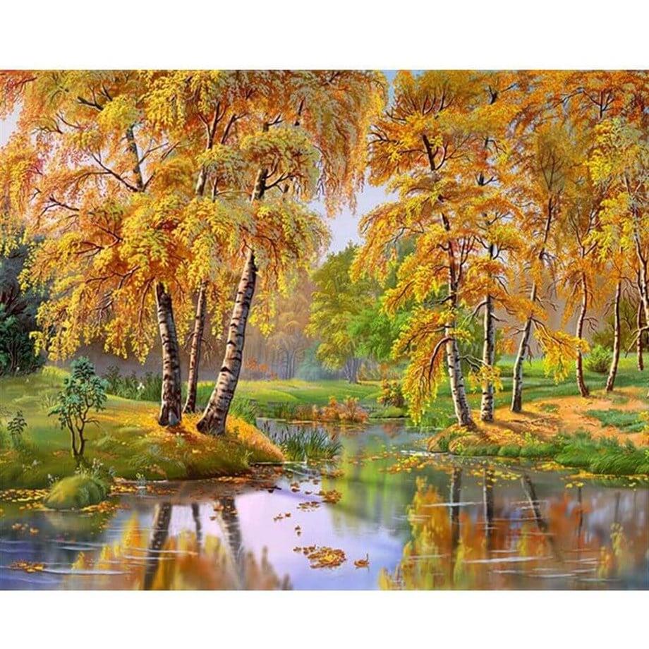 Kavak Ağaçları ve Göl Sayılarla Boyama Seti 40x50 cm (Tuvale Gerili)