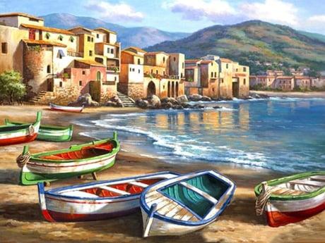 Kayıklar Sayılarla Boyama Seti 40x50 cm (Tuvale Gerili)