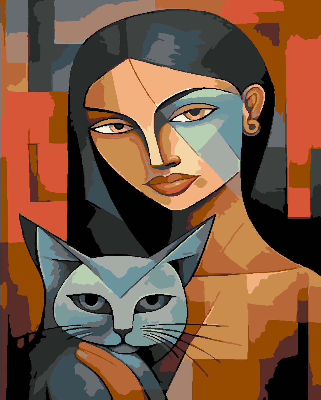 KEDİDEN KADINA Boyama Seti 40x50 cm (Tuvale Gerili)