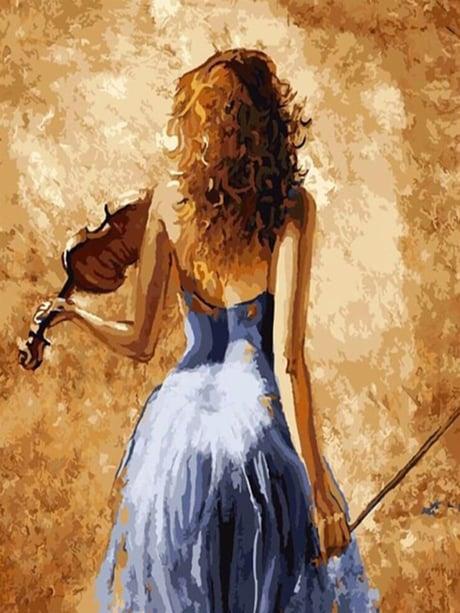 Keman Çalan Kız 2 Sayılarla Boyama Seti 40x50 cm (Tuvale Gerili)