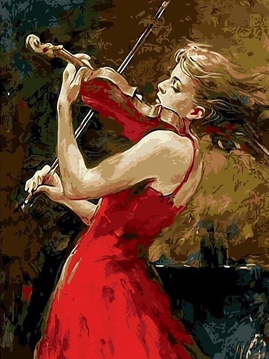 Keman Çalan Kız Sayılarla Boyama Seti 40x50 cm (Tuvale Gerili)