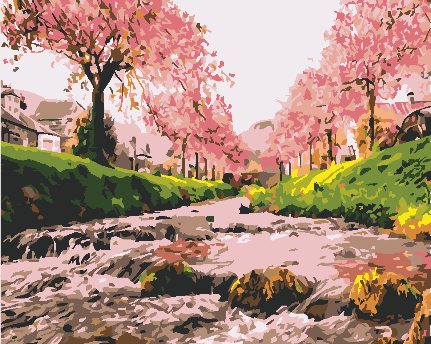KİRAZ AĞAÇLARI VE NEHİR Boyama Seti 40x50 cm (Tuvale Gerili)