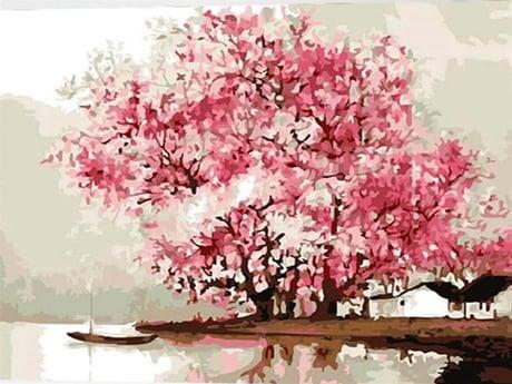 Kiraz Ağaçları Sayılarla Boyama Seti 40x50 cm (Tuvale Gerili)