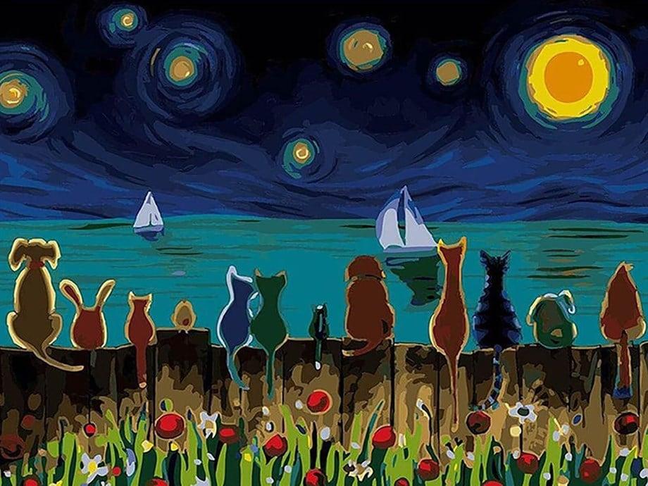 Mehtaba Bakan Kediler Sayılarla Boyama Seti 40x50 cm (Tuvale Gerili)