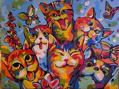 Mutlu Kediler Sayılarla Boyama Seti 40x50 cm (Tuvale Gerili)