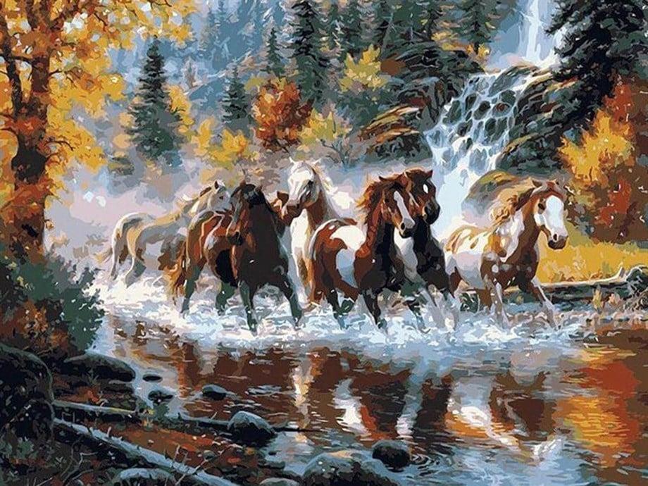 Nehirde Atlar 2 Sayılarla Boyama Seti(40x50 cm Tuval Şasesine Gerili)