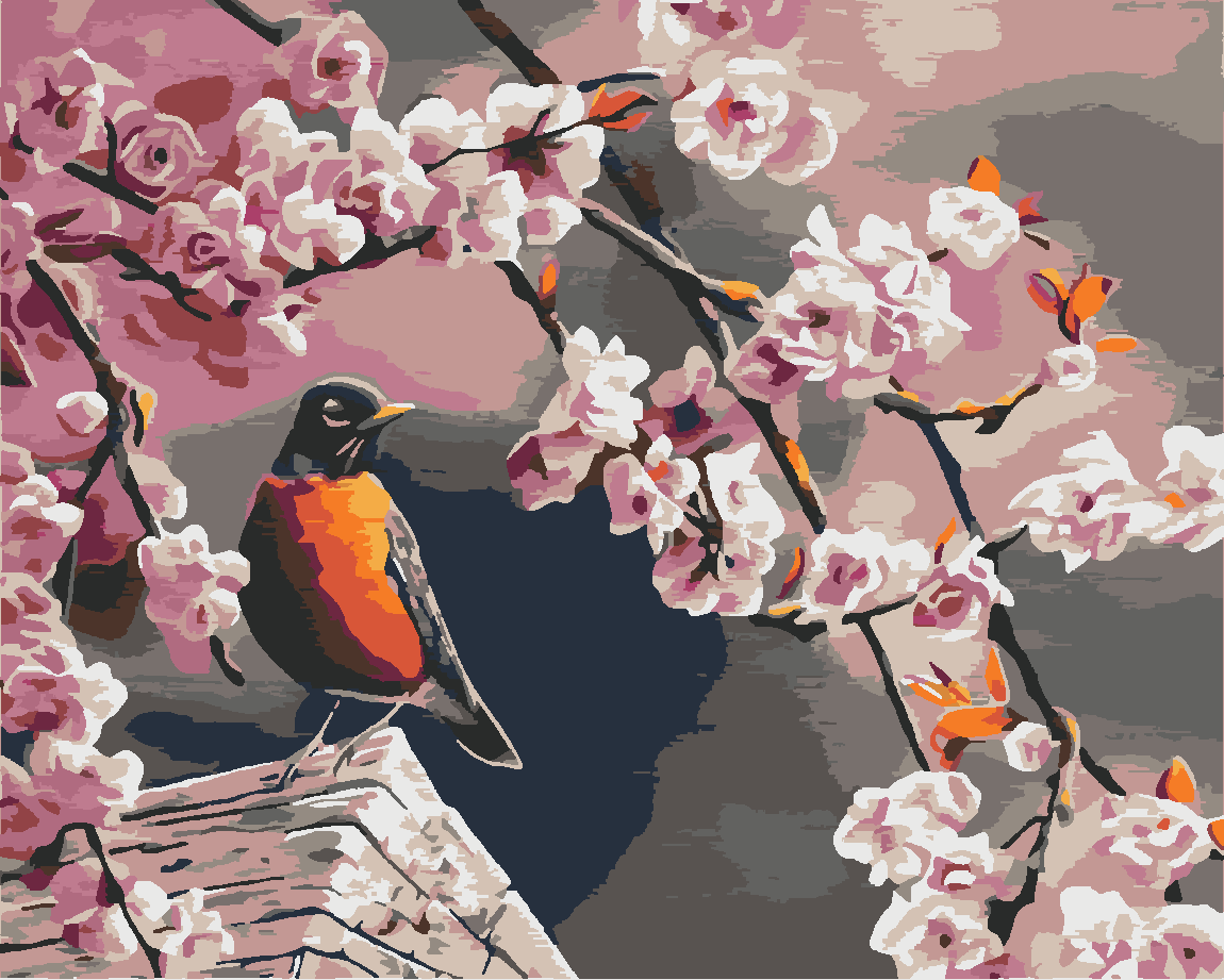 Pembe Çiçekler Ve Kuş Boyama Seti 40x50 cm (Tuvale Gerili)