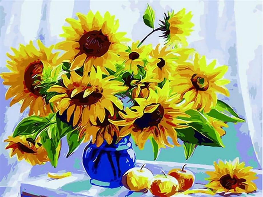 Penceredeki Ayçiçek Sayılarla Boyama Seti 40x50 cm (Tuvale Gerili)