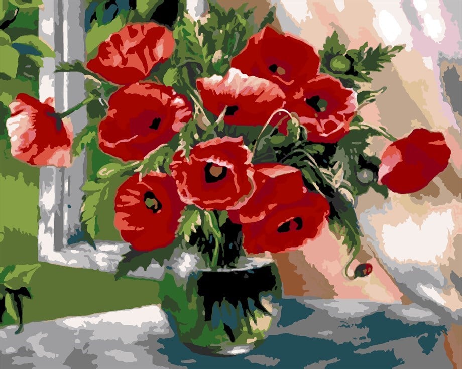 Penceredeki Gelincikler Sayılarla Boyama Seti 50x65 cm (Tuvale Gerili)