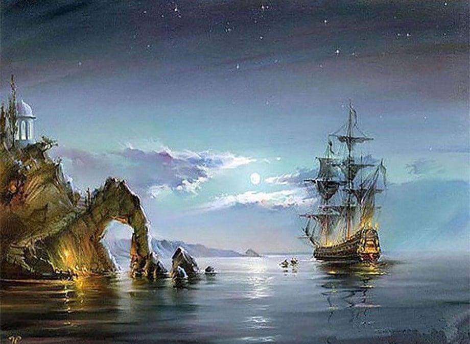 Rıhtıma Yanaşan Yelkenli Sayılarla Boyama Seti 40x50 cm (Tuvale Gerili)