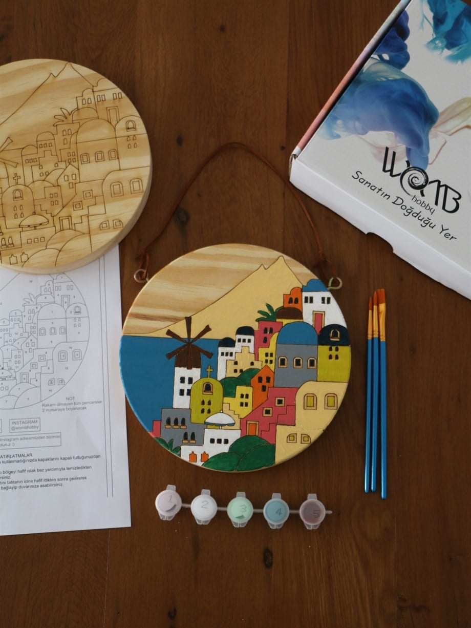 Sahil Kenti Ahşap Boyama Seti(doğal amerikan çamı 19 cm çap 2.5 cm kalınlık)