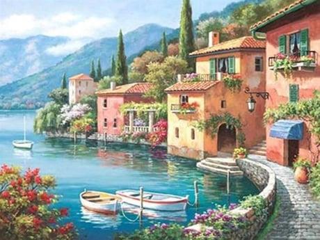 Sahilde Yalılar Sayılarla Boyama Seti 40x50 cm (Tuvale Gerili)