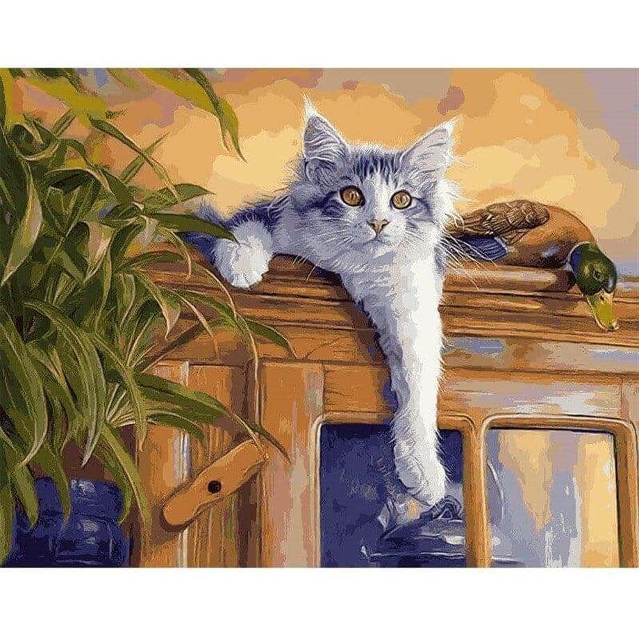 Sarkmış Kedi Sayılarla Boyama Seti 40x50 cm (Tuvale Gerili)