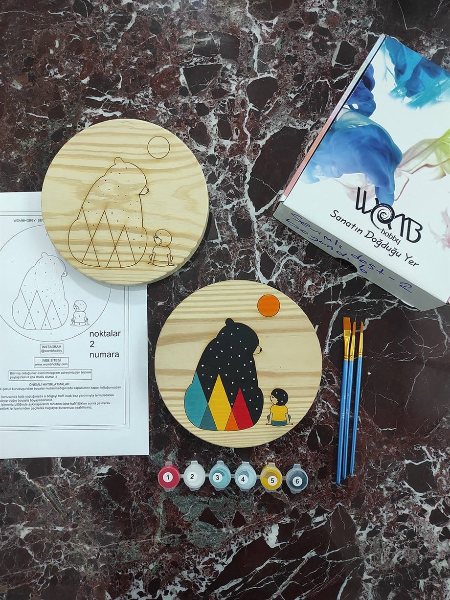 Sevimli Dost 2 Ahşap Boyama Seti(doğal amerikan çamı 19 cm çap 2.5 cm kalınlık)