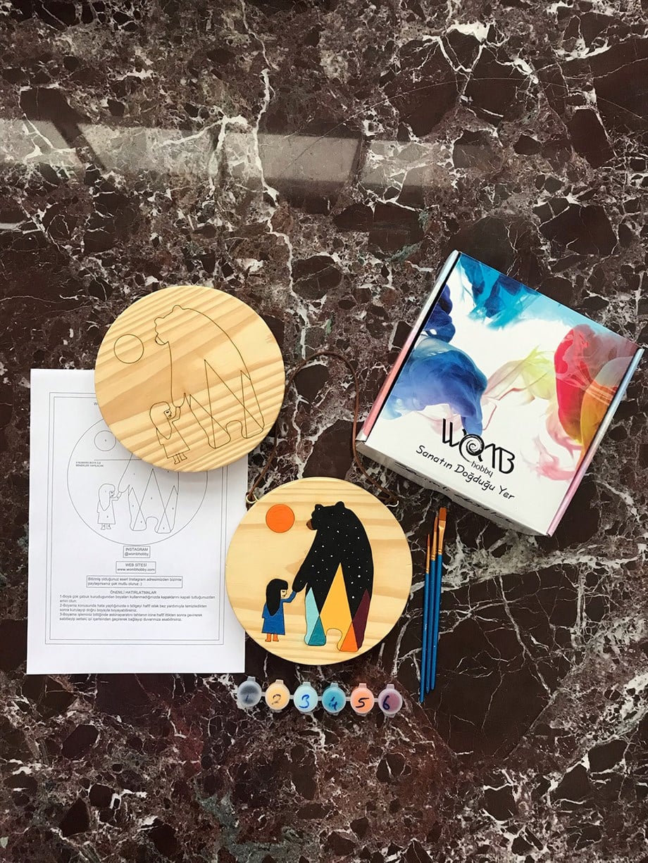 Sevimli Dostluk Ahşap Boyama Seti(doğal amerikan çamı 19 cm çap 2.5 cm kalınlık)