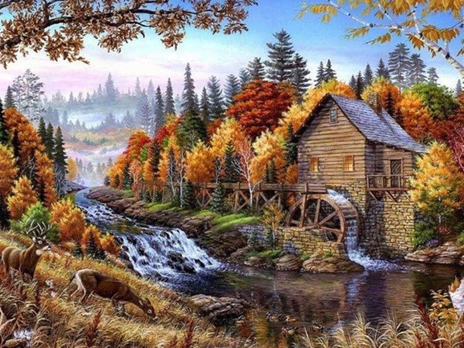 Su Değirmeni Sayılarla Boyama Seti(40x50 cm Tuval Şasesine Gerili)