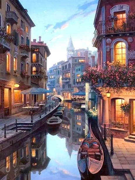 Venedik Kanal Sayılarla Boyama Seti 40x50 cm (Tuvale Gerili)