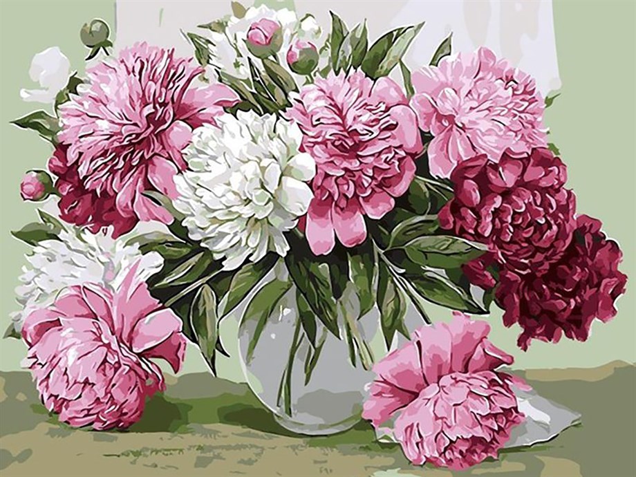 Beyaz Vazodaki Şakayıklar Sayılarla Boyama Seti 50x65 cm (Tuvale Gerili)