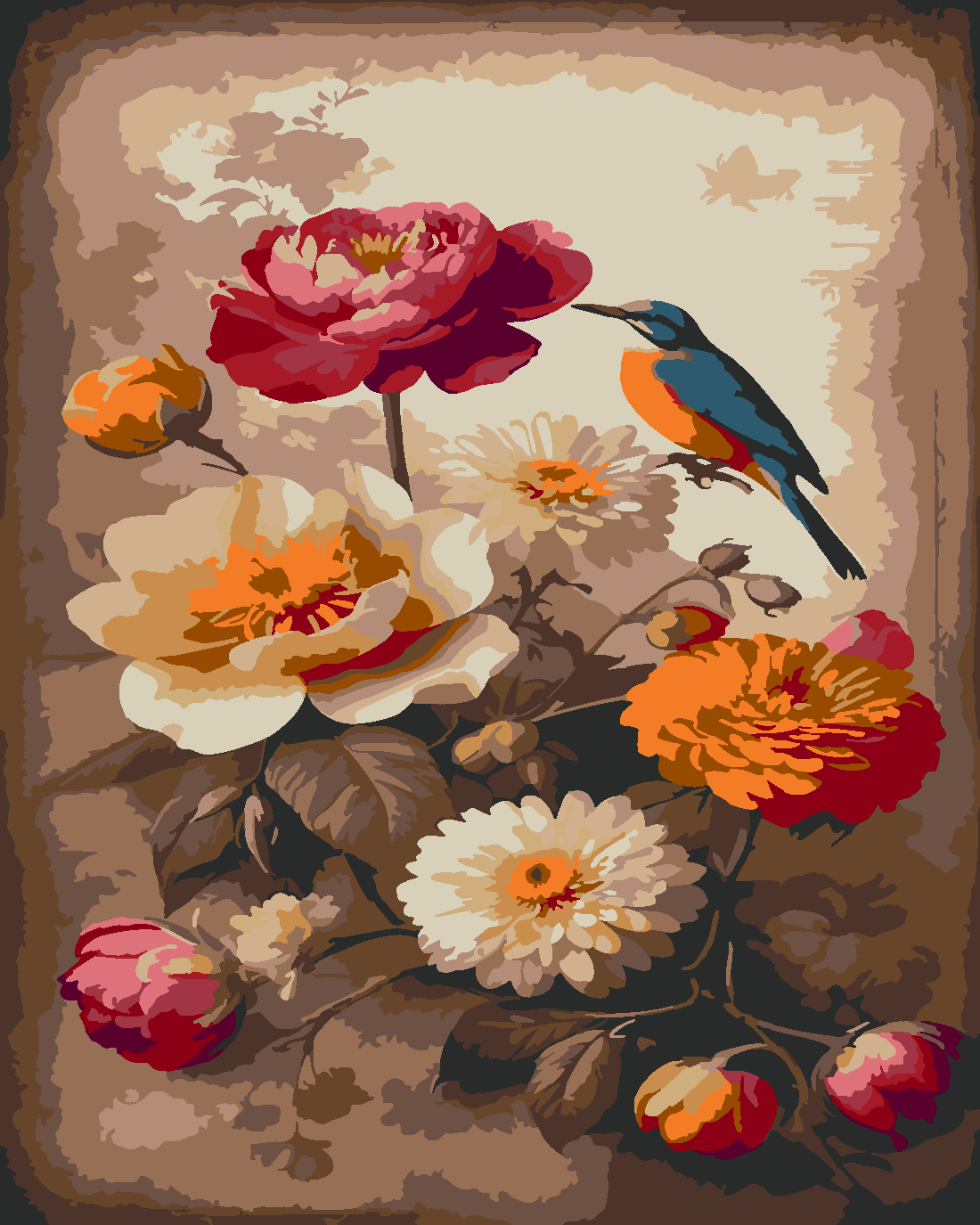 Çiçek ve kuş Boyama Seti 40x50 cm (Tuvale Gerili)