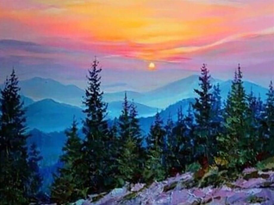 Çamlar ve Günbatımı Sayılarla Boyama Seti(40x50 cm Tuval Şasesine Gerili)