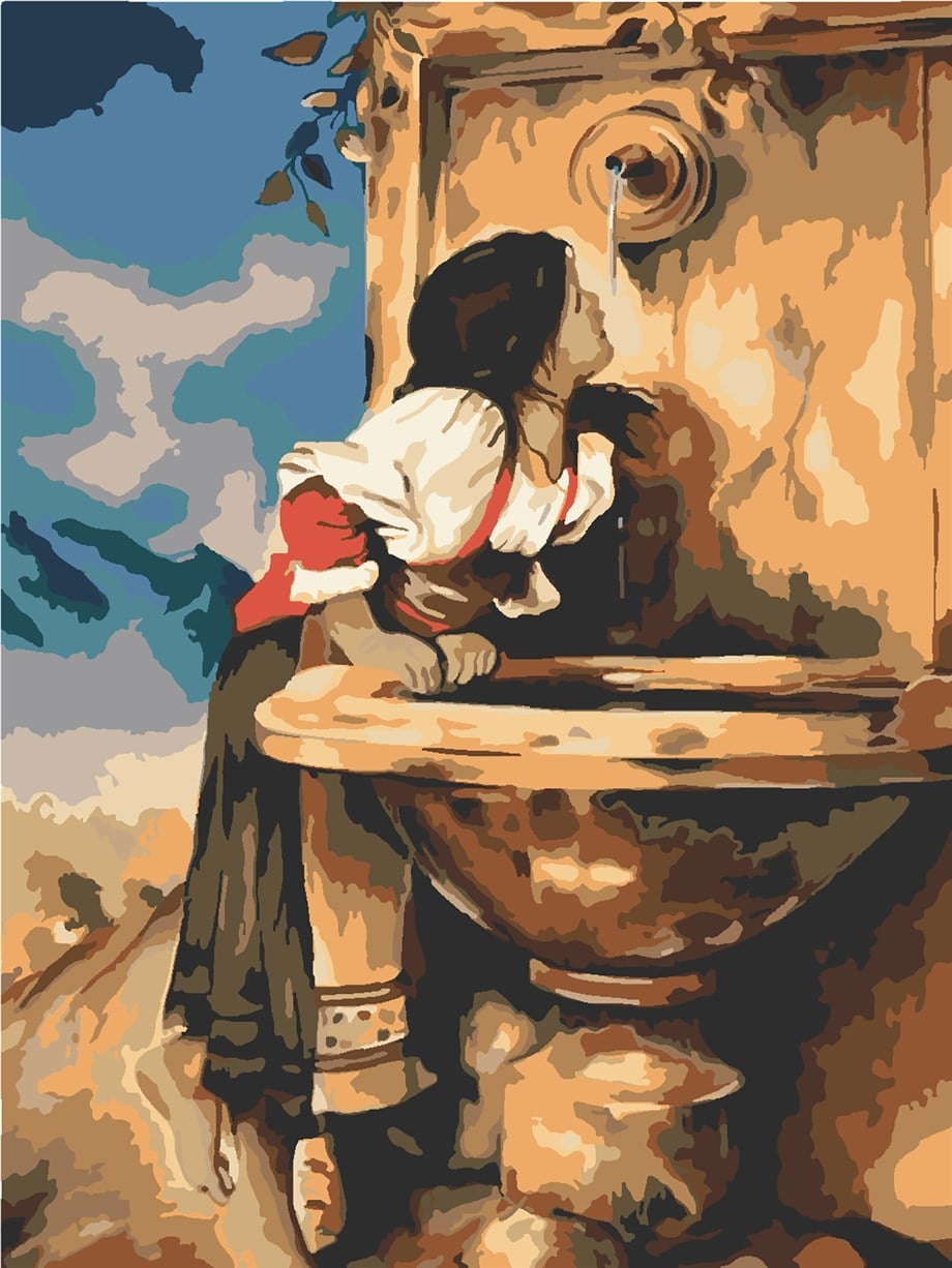 Çeşmedeki Kız Sayılarla Boyama Seti 50x65 cm (Tuvale Gerili)