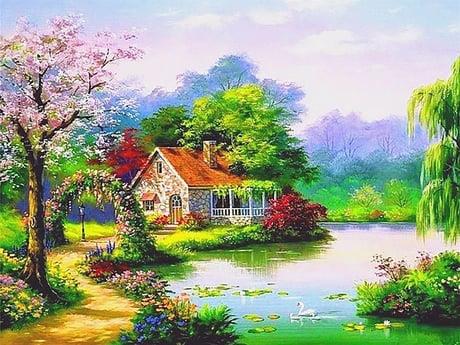 Gölet Evi 2 Sayılarla Boyama Seti 40x50 cm (Tuvale Gerili)