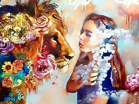 Kadın ve Aslan 2 Sayılarla Boyama Seti 40x50 cm (Tuvale Gerili)