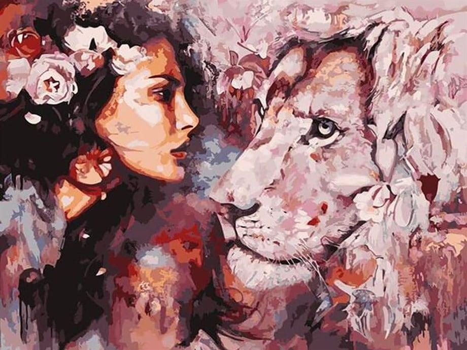 Kadın Ve Aslan Sayılarla Boyama Seti 40x50 cm (Tuvale Gerili)