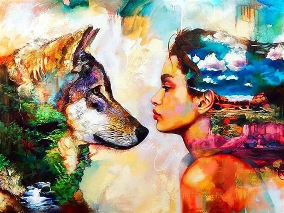 Kadın ve Kurt 2 Sayılarla Boyama Seti(40x50 cm Tuval Şasesine Gerili)