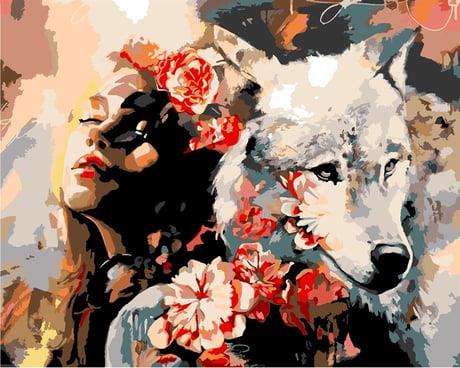 Kadın ve Kurt Sayılarla Boyama Seti  (Tuvale Gerili)