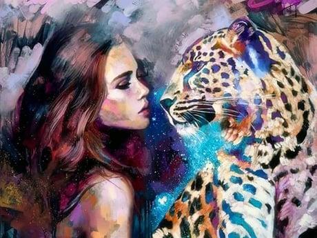Kadın ve Leopar Sayılarla Boyama Seti 40x50 cm (Tuvale Gerili)