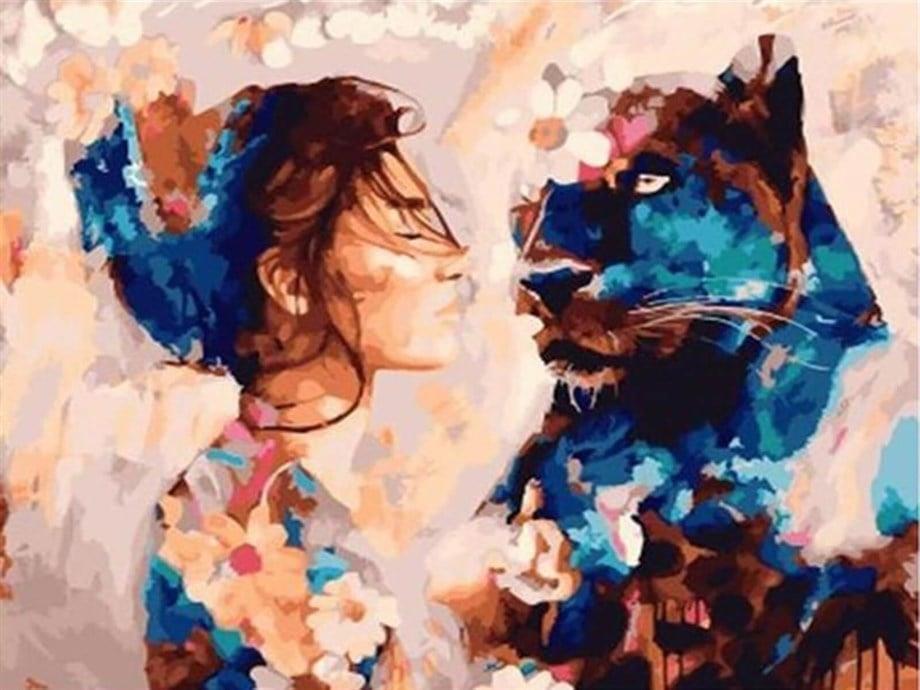 Kadın ve Panter Sayılarla Boyama Seti 40x50 cm (Tuvale Gerili)