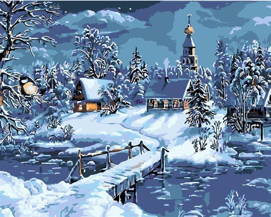 Karlar İçindeki Kasaba Sayılarla Boyama Seti  (Tuvale Gerili)