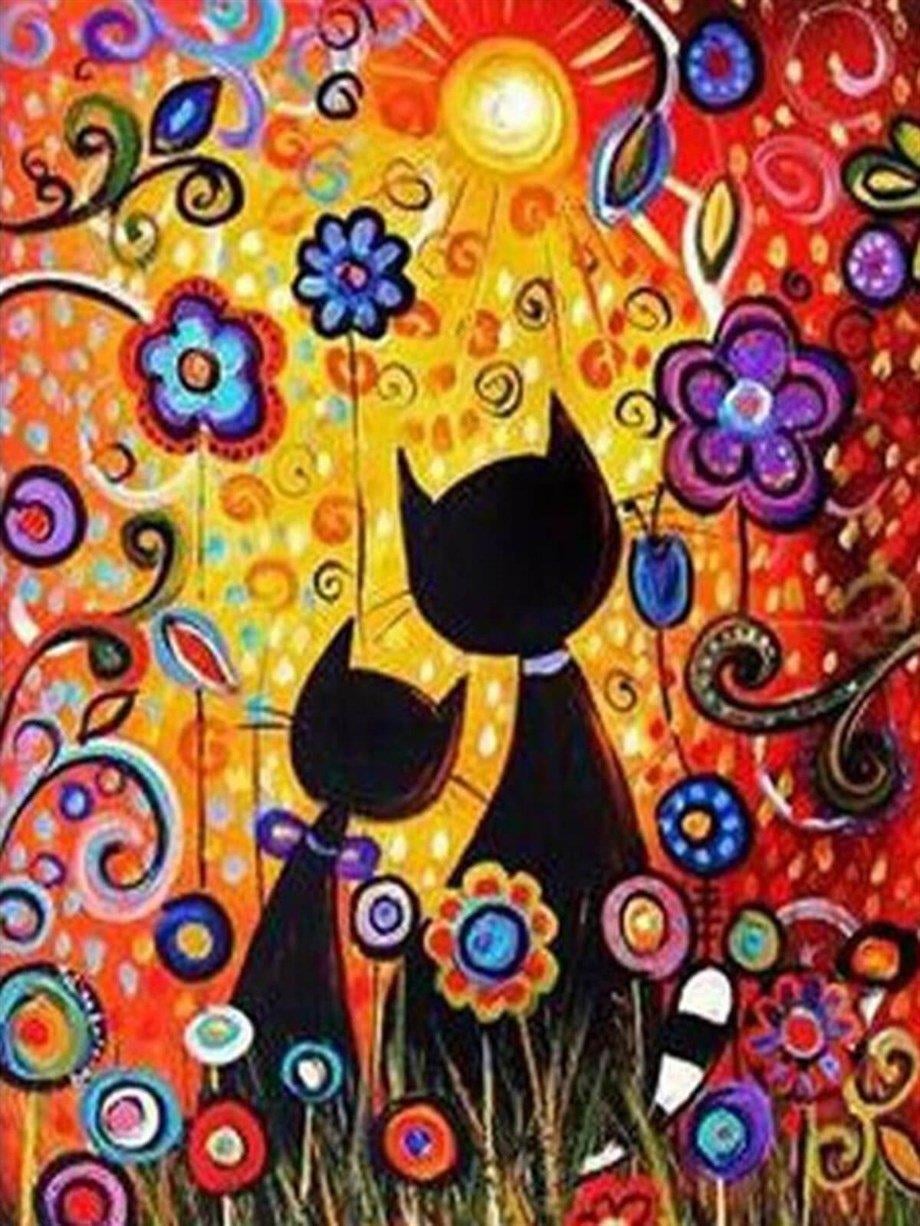 Kedilerin Renkli Dünyası Sayılarla Boyama Seti 40x50 cm (Tuvale Gerili)
