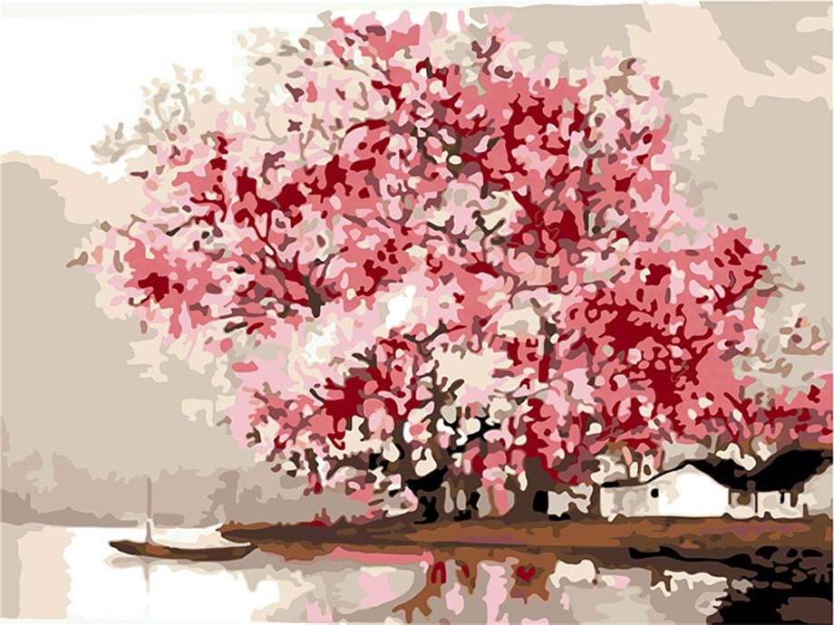 Kiraz Ağaçları Sayılarla Boyama Seti 50x65 cm (Tuvale Gerili)