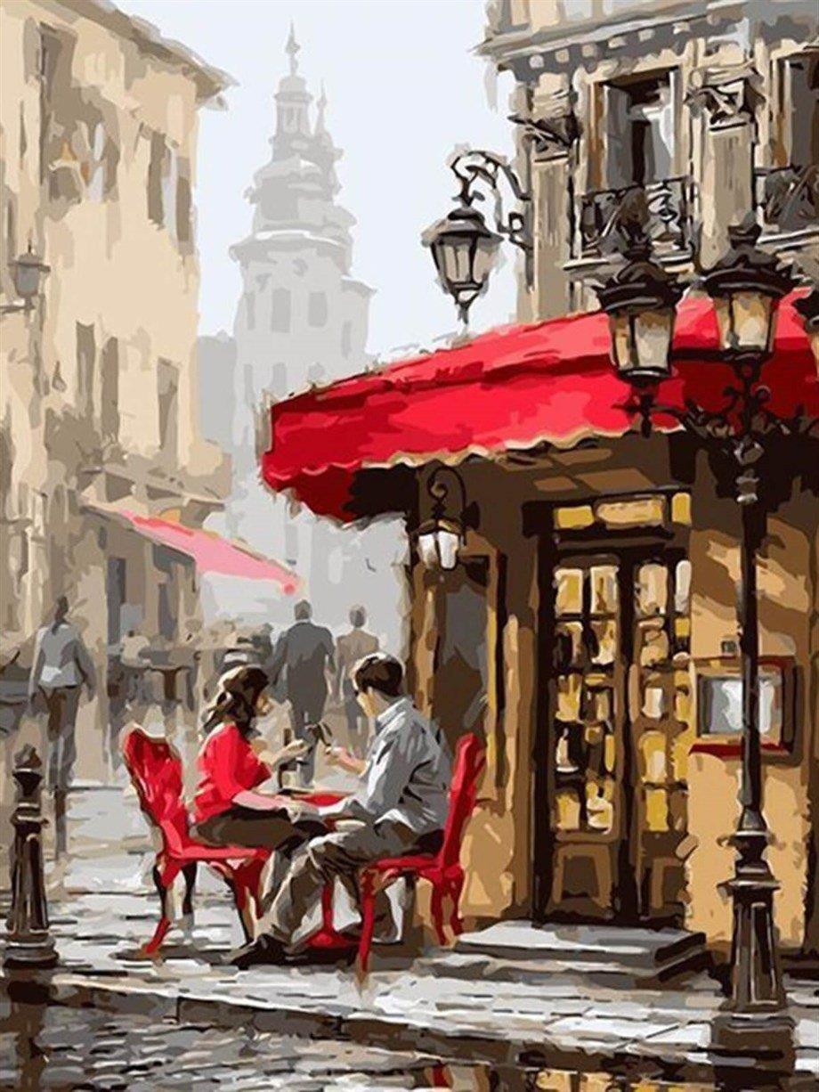 Kırmızı Kafe Sayılarla Boyama Seti(40x50 cm Tuval Şasesine Gerili)