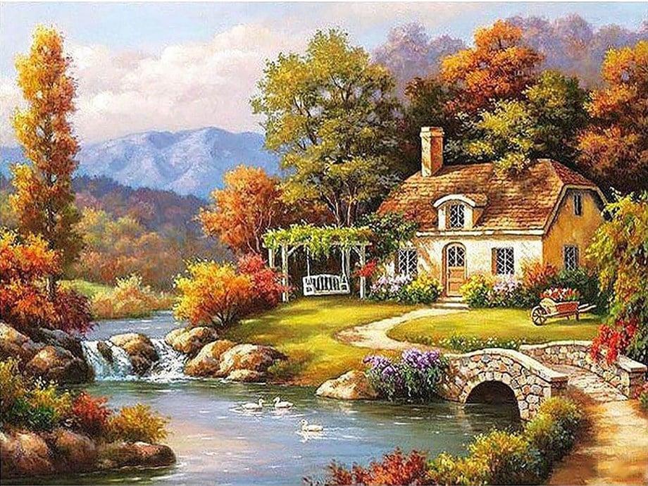 Köprü Başındaki Ev Sayılarla Boyama Seti 40x50 cm (Tuvale Gerili)