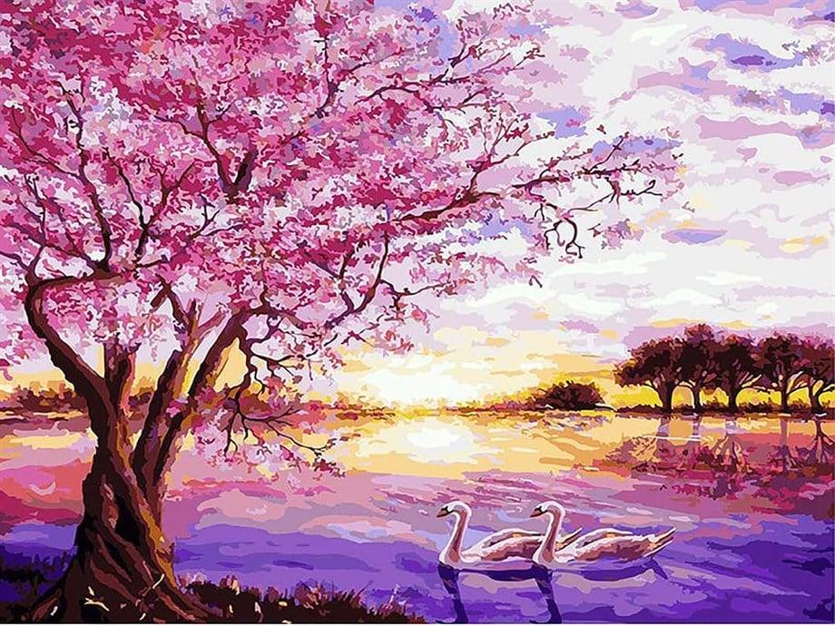 Kuğu Göleti Sayılarla Boyama Seti 40x50 cm (Tuvale Gerili)