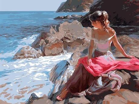 Kumsalda Bir Güzel Sayılarla Boyama Seti 40x50 cm (Tuvale Gerili)