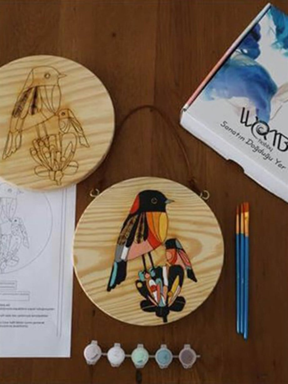Kuşlar Ahşap Boyama Seti(doğal amerikan çamı 19 cm çap 2.5 cm kalınlık)
