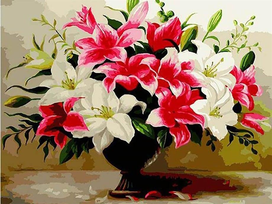 Masadaki Zambaklar Sayılarla Boyama Seti 40x50 cm (Tuvale Gerili)